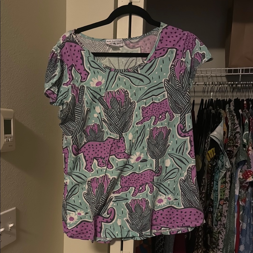 Blue Platypus Purple and Green Leopard Print Women's Top